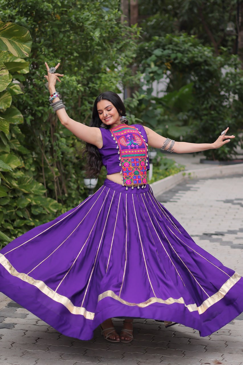 Purple Navratri Special Roman Fabric Lehenga Choli with Kutchi Gamthi & Mirror Work ClothsVilla