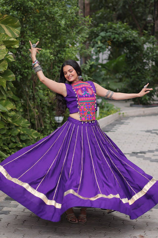 Purple Navratri Special Roman Fabric Lehenga Choli with Kutchi Gamthi & Mirror Work ClothsVilla