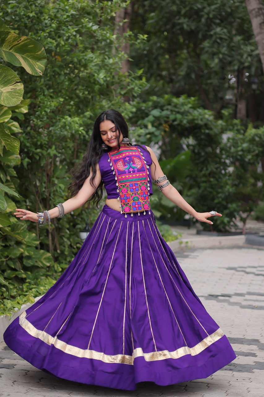 Purple Navratri Special Roman Fabric Lehenga Choli with Kutchi Gamthi & Mirror Work ClothsVilla
