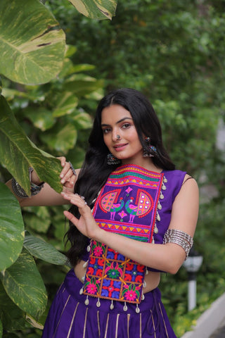 Purple Navratri Special Roman Fabric Lehenga Choli with Kutchi Gamthi & Mirror Work ClothsVilla