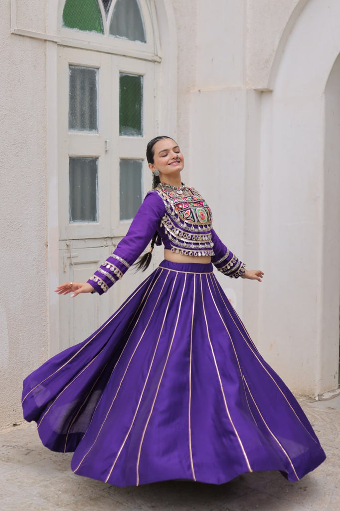 Purple Navratri Special Roman Fabric Lehenga Choli with Kutchi Gamthi & Mirror Work ClothsVilla