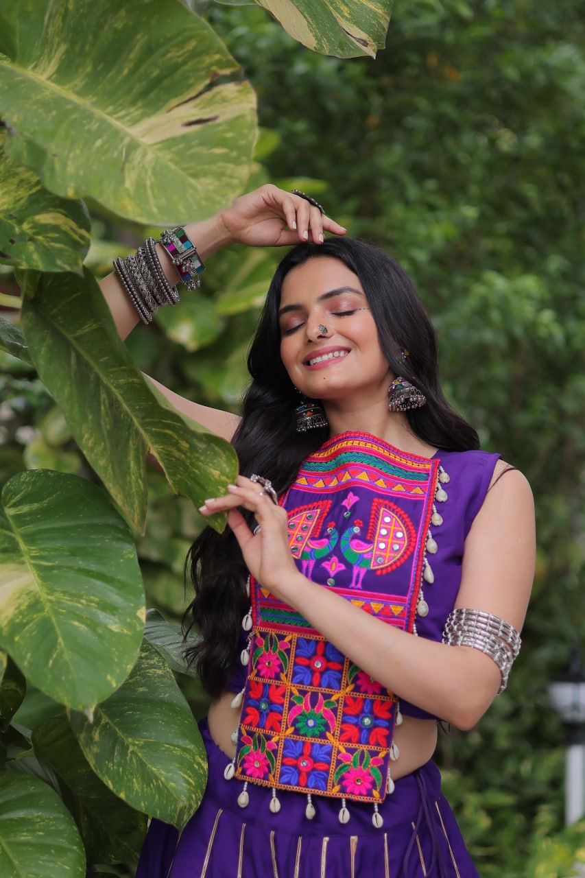 Purple Navratri Special Roman Fabric Lehenga Choli with Kutchi Gamthi & Mirror Work ClothsVilla