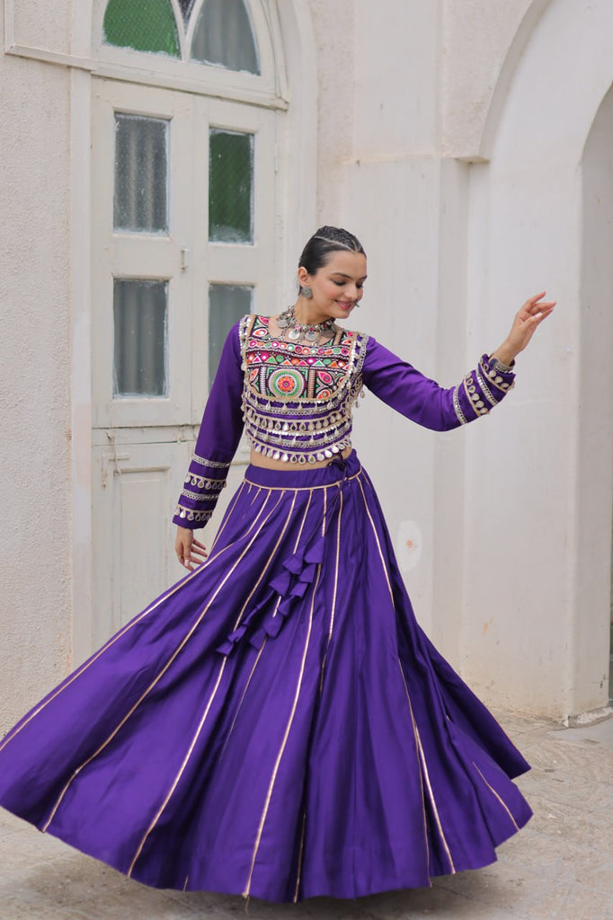 Purple Navratri Special Roman Fabric Lehenga Choli with Kutchi Gamthi & Mirror Work ClothsVilla