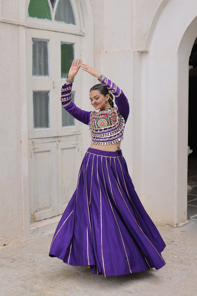 Purple Navratri Special Roman Fabric Lehenga Choli with Kutchi Gamthi & Mirror Work ClothsVilla