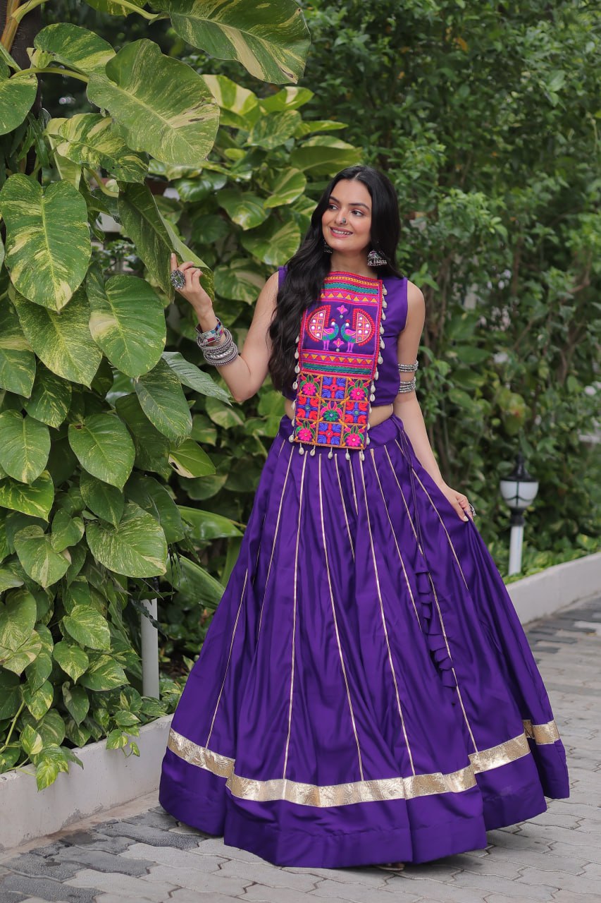 Purple Navratri Special Roman Fabric Lehenga Choli with Kutchi Gamthi & Mirror Work ClothsVilla