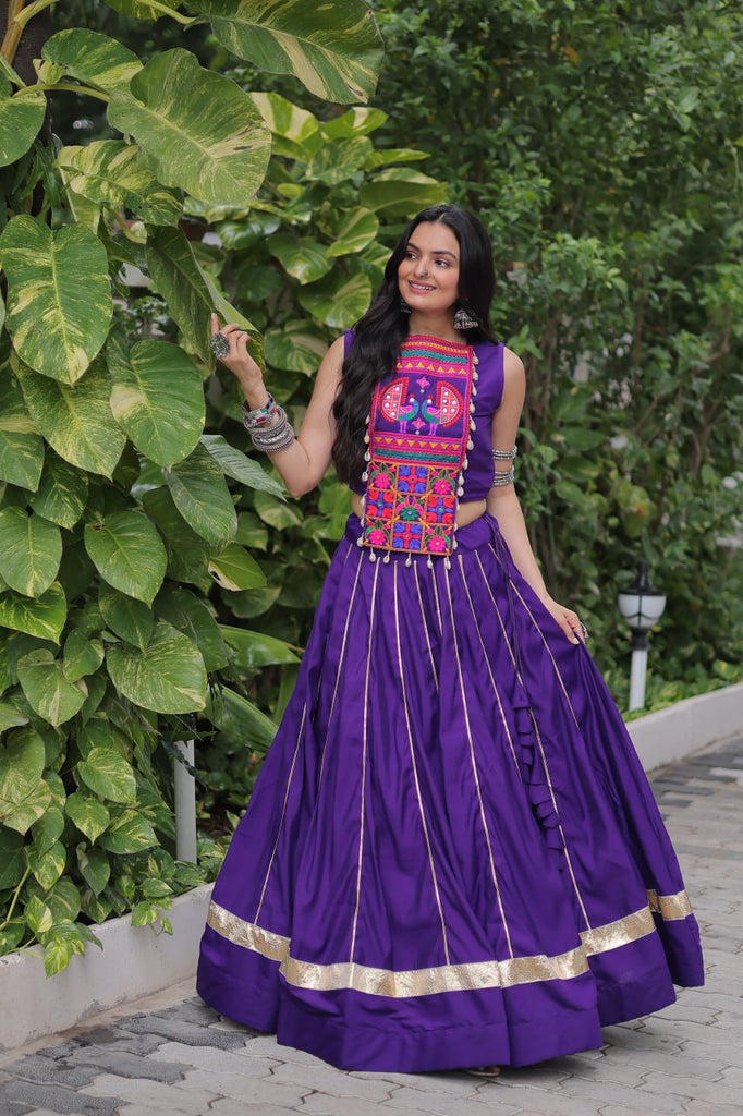 Purple Navratri Special Roman Fabric Lehenga Choli with Kutchi Gamthi & Mirror Work ClothsVilla