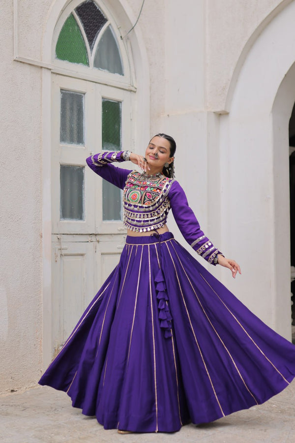 Purple Navratri Special Roman Fabric Lehenga Choli with Kutchi Gamthi & Mirror Work ClothsVilla
