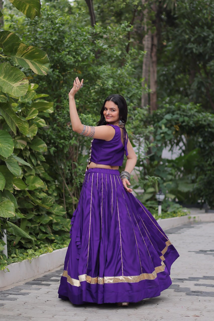 Purple Navratri Special Roman Fabric Lehenga Choli with Kutchi Gamthi & Mirror Work ClothsVilla