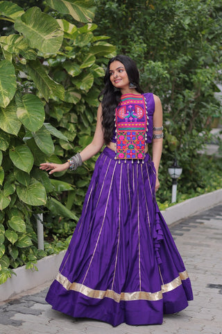 Purple Navratri Special Roman Fabric Lehenga Choli with Kutchi Gamthi & Mirror Work ClothsVilla