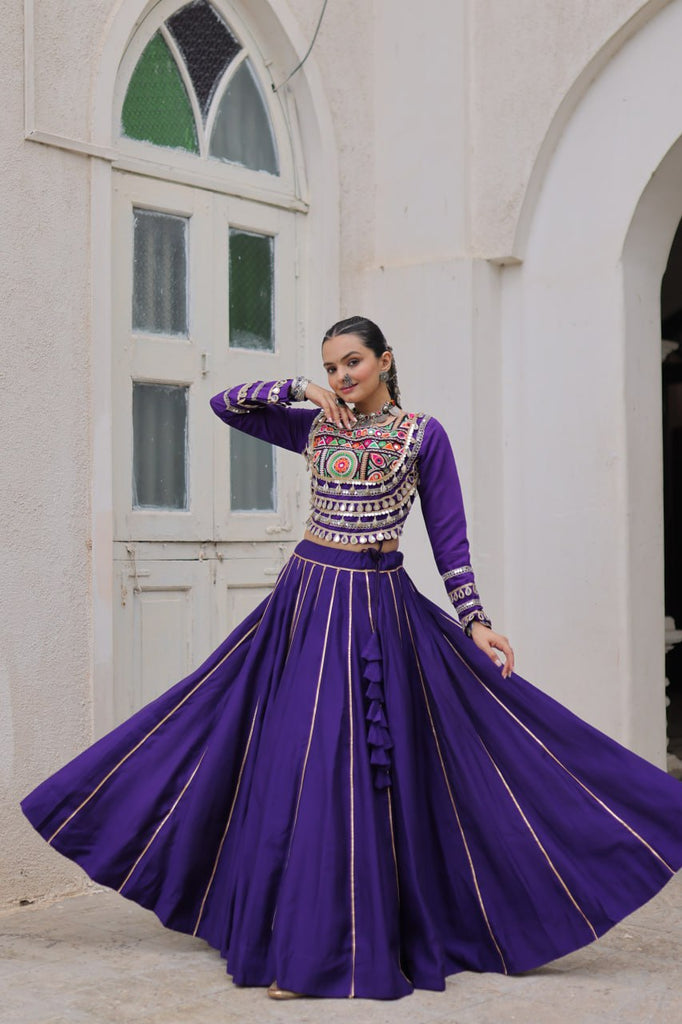 Purple Navratri Special Roman Fabric Lehenga Choli with Kutchi Gamthi & Mirror Work ClothsVilla