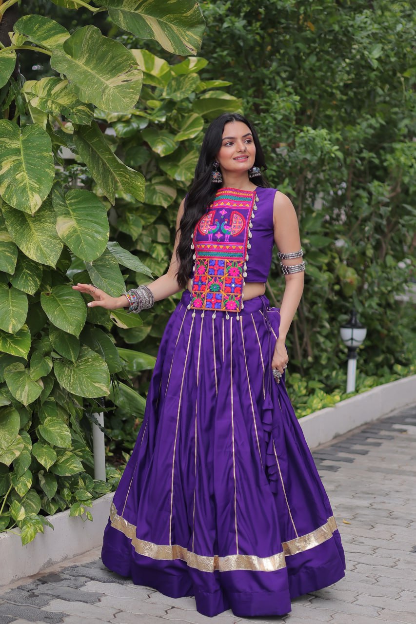 Purple Navratri Special Roman Fabric Lehenga Choli with Kutchi Gamthi & Mirror Work ClothsVilla
