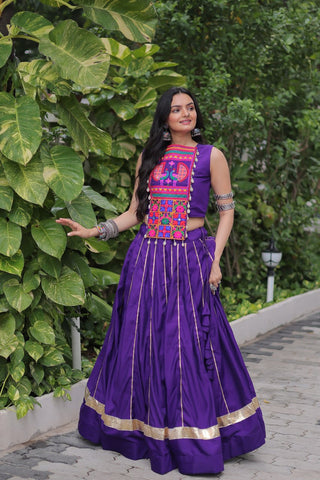 Purple Navratri Special Roman Fabric Lehenga Choli with Kutchi Gamthi & Mirror Work ClothsVilla