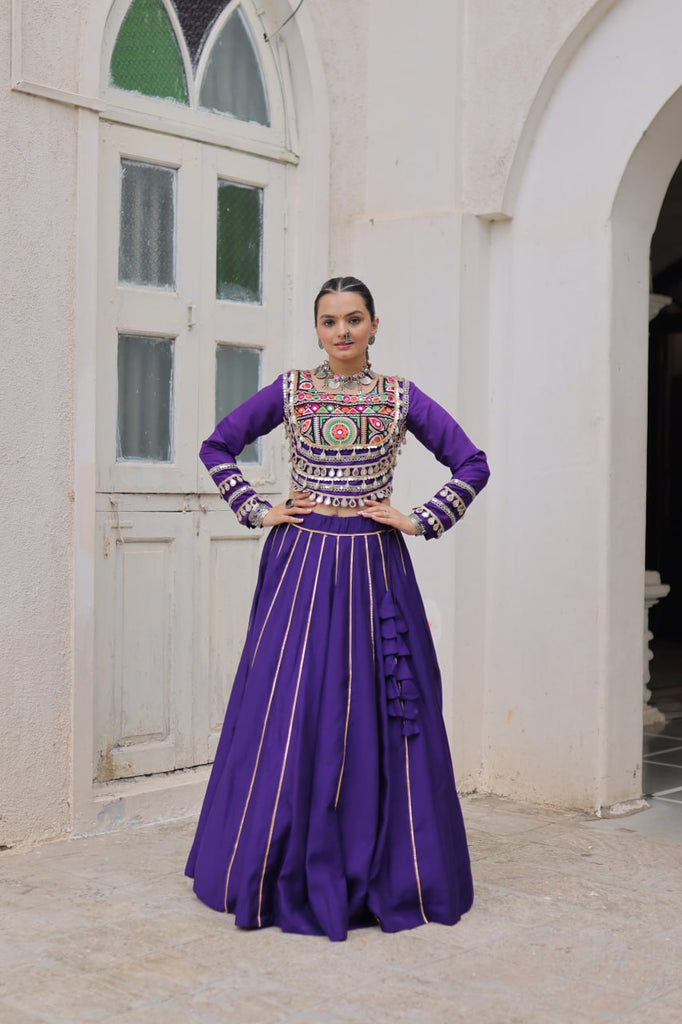 Purple Navratri Special Roman Fabric Lehenga Choli with Kutchi Gamthi & Mirror Work ClothsVilla