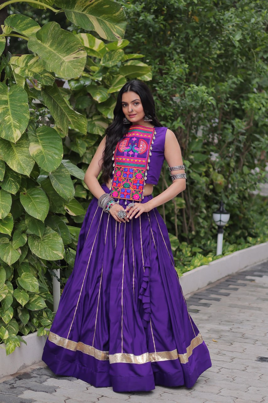 Purple Navratri Special Roman Fabric Lehenga Choli with Kutchi Gamthi & Mirror Work ClothsVilla