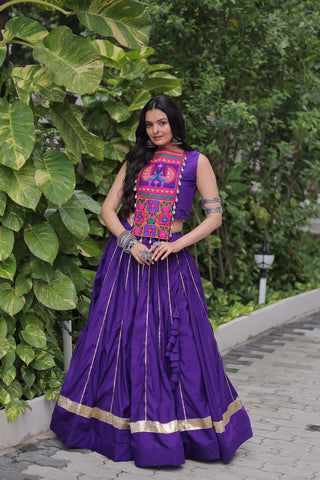 Purple Navratri Special Roman Fabric Lehenga Choli with Kutchi Gamthi & Mirror Work ClothsVilla
