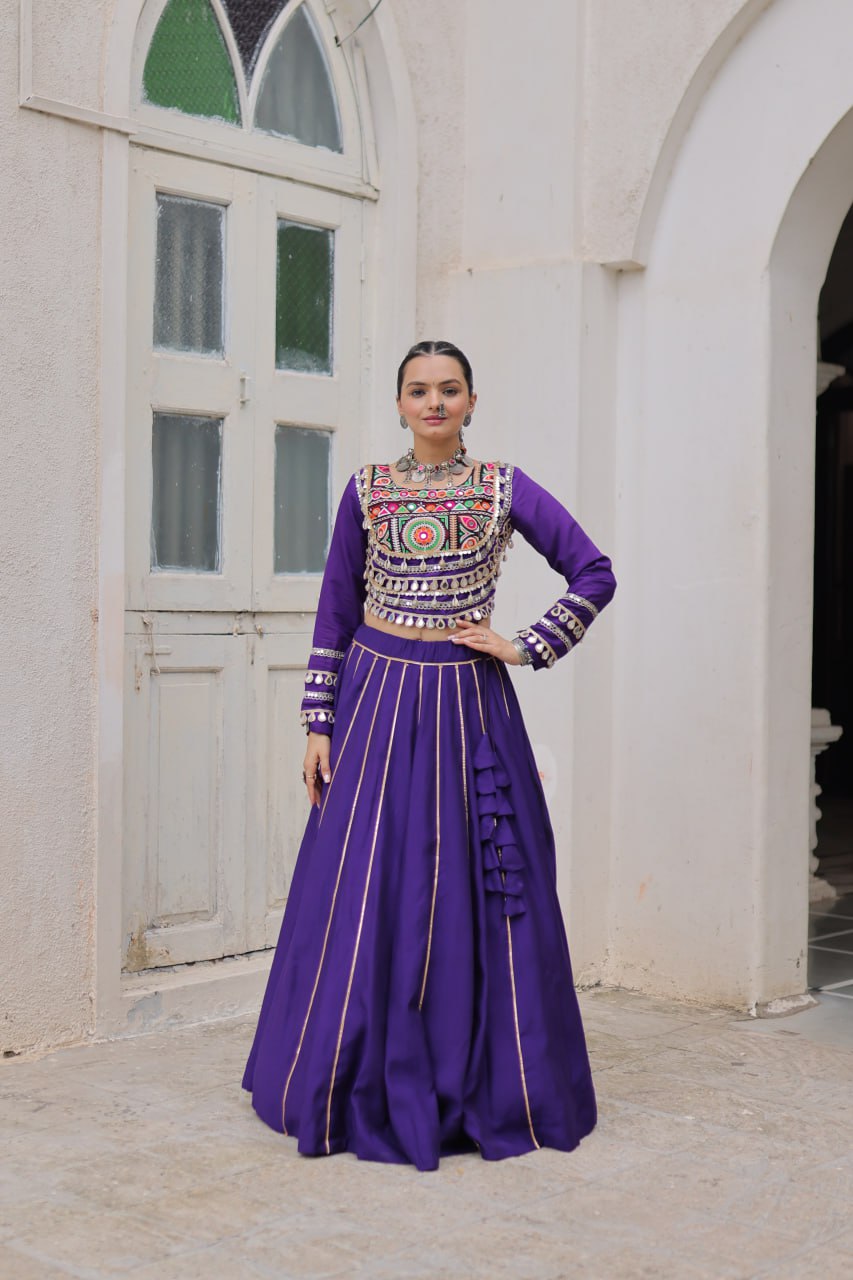 Purple Navratri Special Roman Fabric Lehenga Choli with Kutchi Gamthi & Mirror Work ClothsVilla
