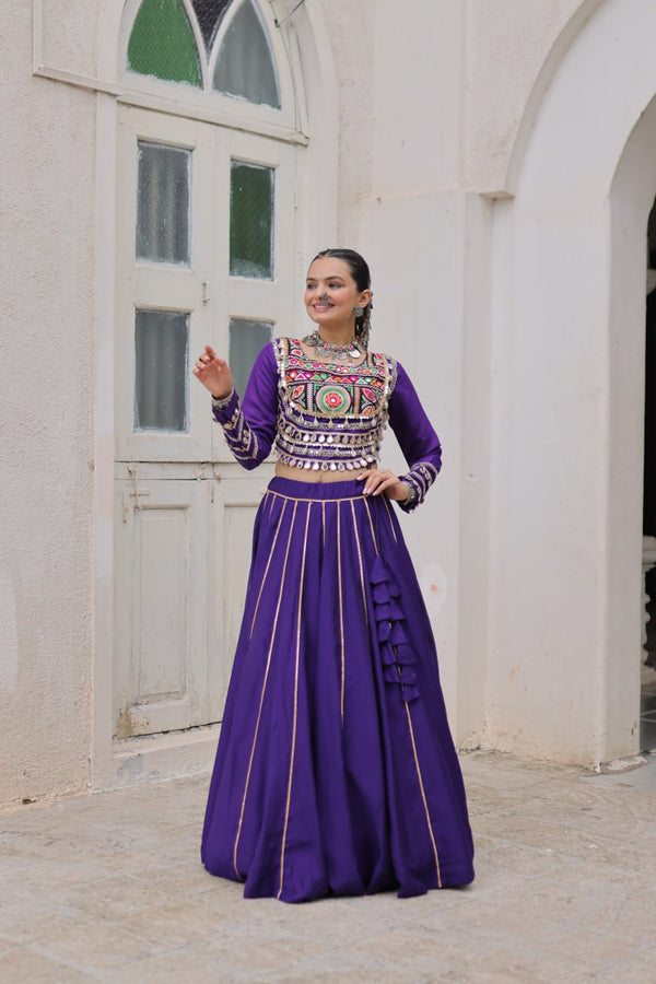 Purple Navratri Special Roman Fabric Lehenga Choli with Kutchi Gamthi & Mirror Work ClothsVilla