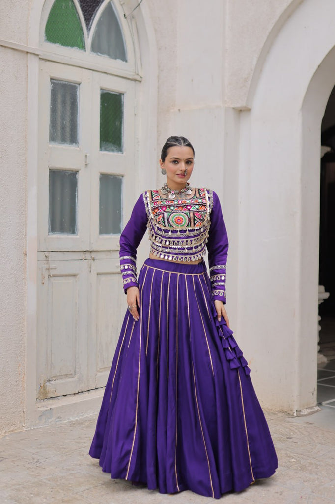 Purple Navratri Special Roman Fabric Lehenga Choli with Kutchi Gamthi & Mirror Work ClothsVilla