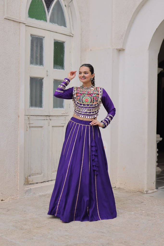 Purple Navratri Special Roman Fabric Lehenga Choli with Kutchi Gamthi & Mirror Work ClothsVilla