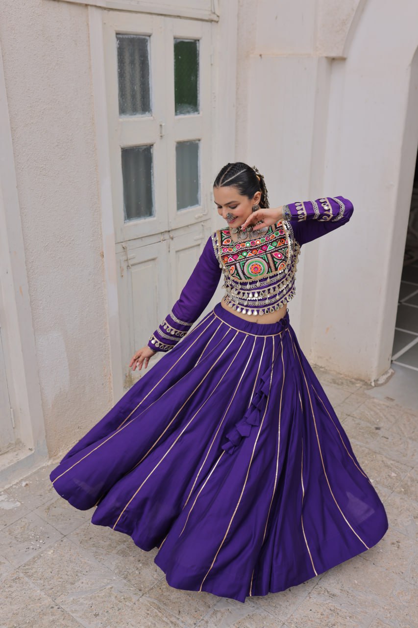 Purple Navratri Special Roman Fabric Lehenga Choli with Kutchi Gamthi & Mirror Work ClothsVilla