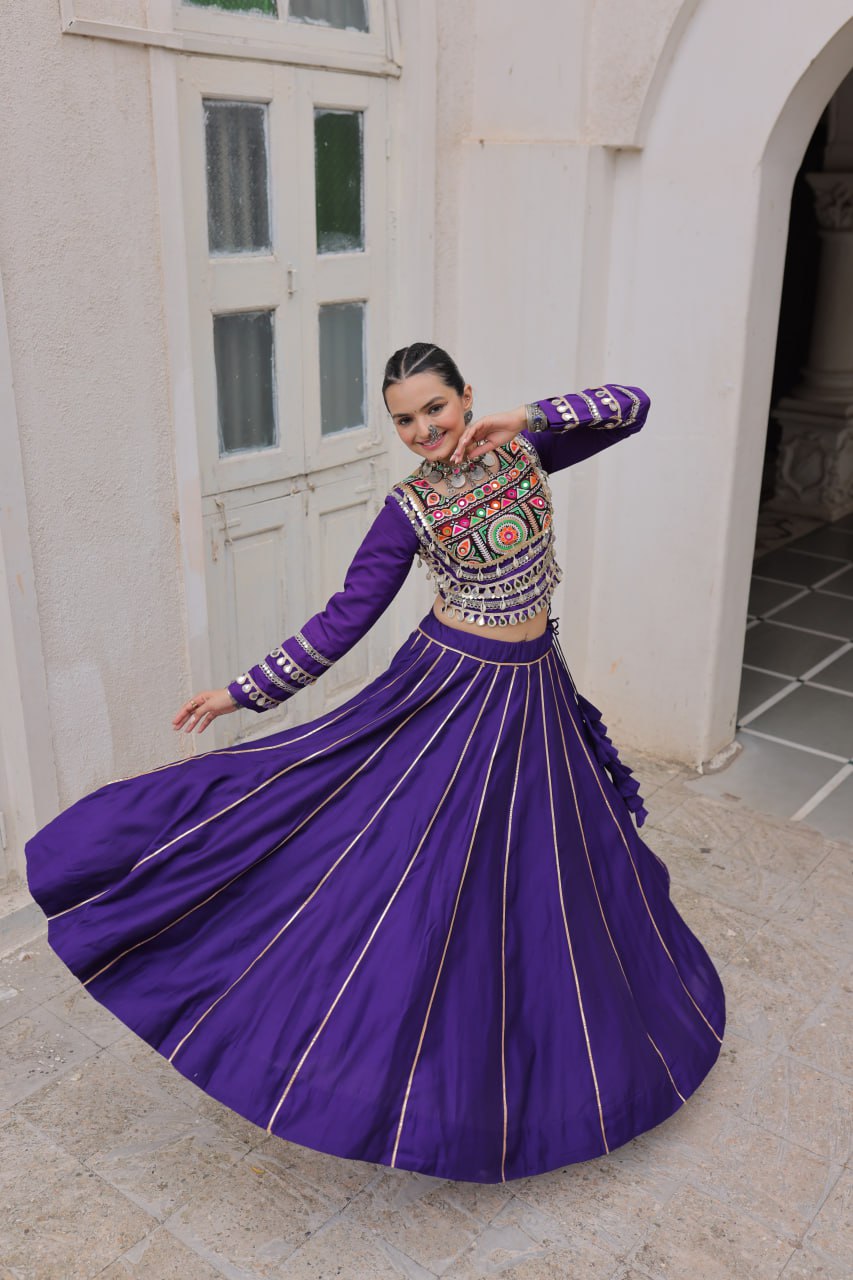 Purple Navratri Special Roman Fabric Lehenga Choli with Kutchi Gamthi & Mirror Work ClothsVilla