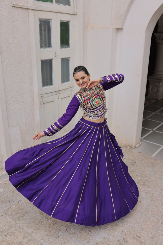 Purple Navratri Special Roman Fabric Lehenga Choli with Kutchi Gamthi & Mirror Work ClothsVilla