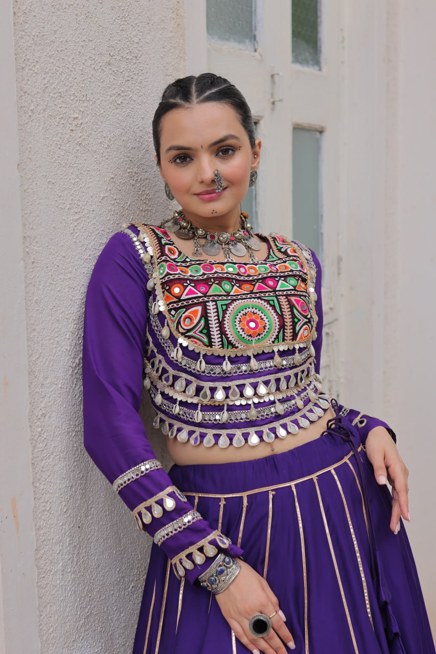 Purple Navratri Special Roman Fabric Lehenga Choli with Kutchi Gamthi & Mirror Work ClothsVilla
