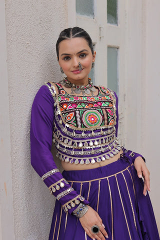 Purple Navratri Special Roman Fabric Lehenga Choli with Kutchi Gamthi & Mirror Work ClothsVilla