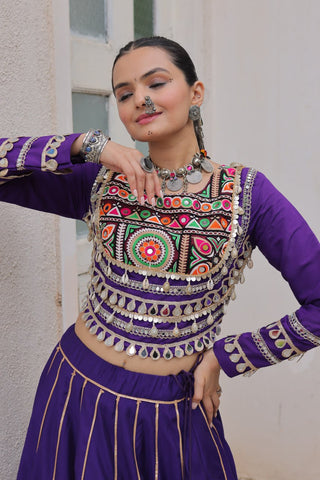 Purple Navratri Special Roman Fabric Lehenga Choli with Kutchi Gamthi & Mirror Work ClothsVilla