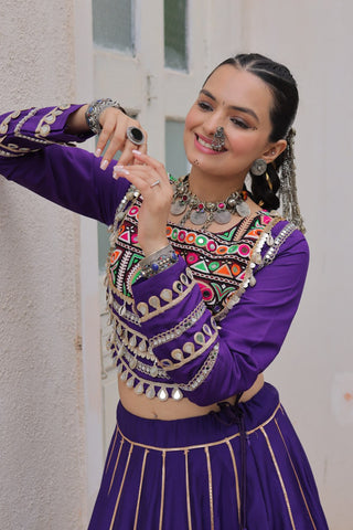 Purple Navratri Special Roman Fabric Lehenga Choli with Kutchi Gamthi & Mirror Work ClothsVilla