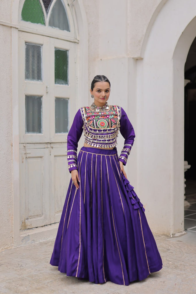 Purple Navratri Special Roman Fabric Lehenga Choli with Kutchi Gamthi & Mirror Work ClothsVilla