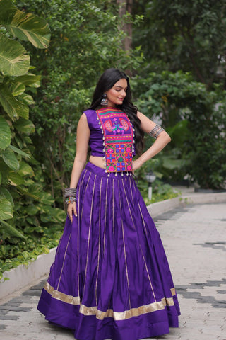 Purple Navratri Special Roman Fabric Lehenga Choli with Kutchi Gamthi & Mirror Work ClothsVilla