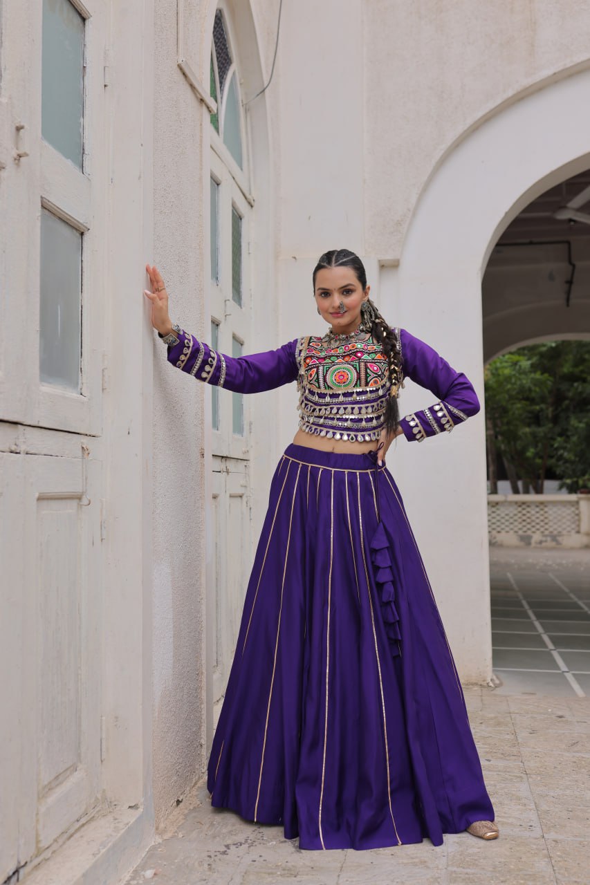 Purple Navratri Special Roman Fabric Lehenga Choli with Kutchi Gamthi & Mirror Work ClothsVilla
