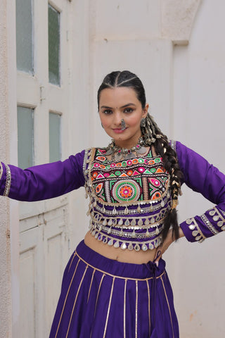 Purple Navratri Special Roman Fabric Lehenga Choli with Kutchi Gamthi & Mirror Work ClothsVilla