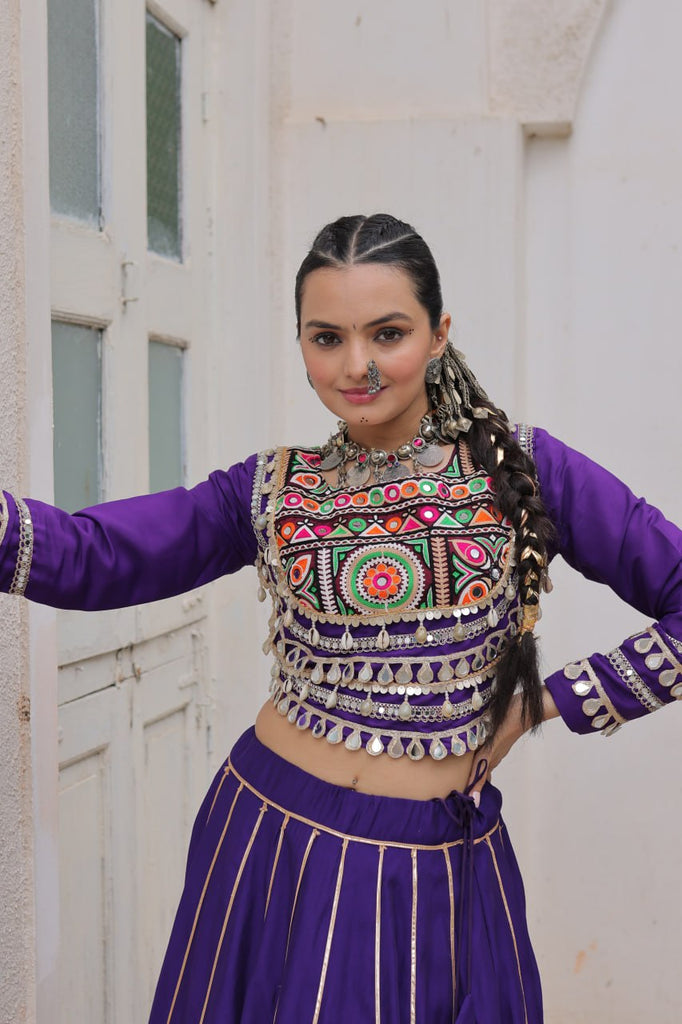 Purple Navratri Special Roman Fabric Lehenga Choli with Kutchi Gamthi & Mirror Work ClothsVilla