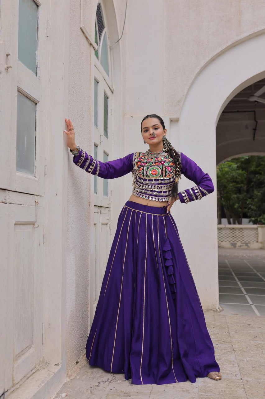 Purple Navratri Special Roman Fabric Lehenga Choli with Kutchi Gamthi & Mirror Work ClothsVilla