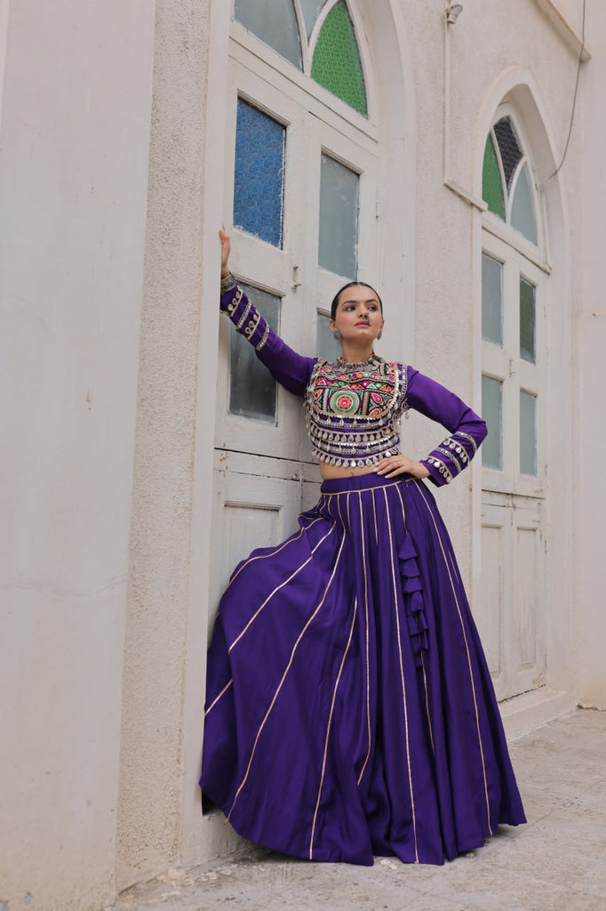 Purple Navratri Special Roman Fabric Lehenga Choli with Kutchi Gamthi & Mirror Work ClothsVilla