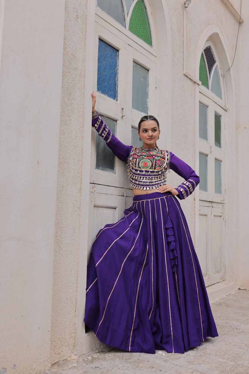 Purple Navratri Special Roman Fabric Lehenga Choli with Kutchi Gamthi & Mirror Work ClothsVilla
