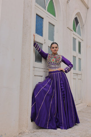 Purple Navratri Special Roman Fabric Lehenga Choli with Kutchi Gamthi & Mirror Work ClothsVilla