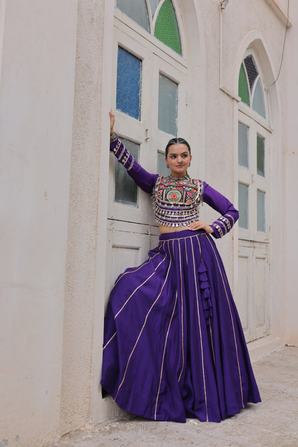 Purple Navratri Special Roman Fabric Lehenga Choli with Kutchi Gamthi & Mirror Work ClothsVilla
