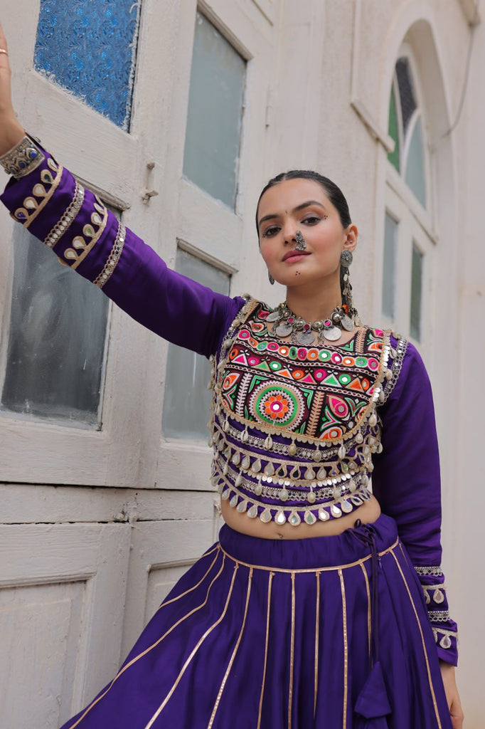 Purple Navratri Special Roman Fabric Lehenga Choli with Kutchi Gamthi & Mirror Work ClothsVilla