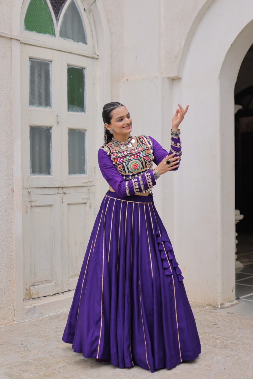 Purple Navratri Special Roman Fabric Lehenga Choli with Kutchi Gamthi & Mirror Work ClothsVilla