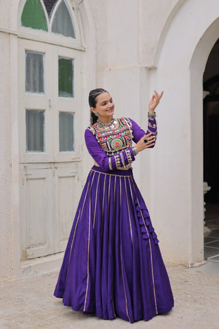 Purple Navratri Special Roman Fabric Lehenga Choli with Kutchi Gamthi & Mirror Work ClothsVilla