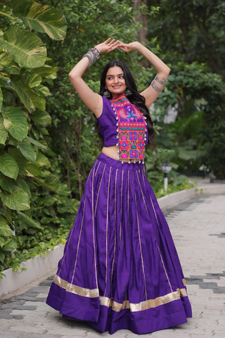 Purple Navratri Special Roman Fabric Lehenga Choli with Kutchi Gamthi & Mirror Work ClothsVilla