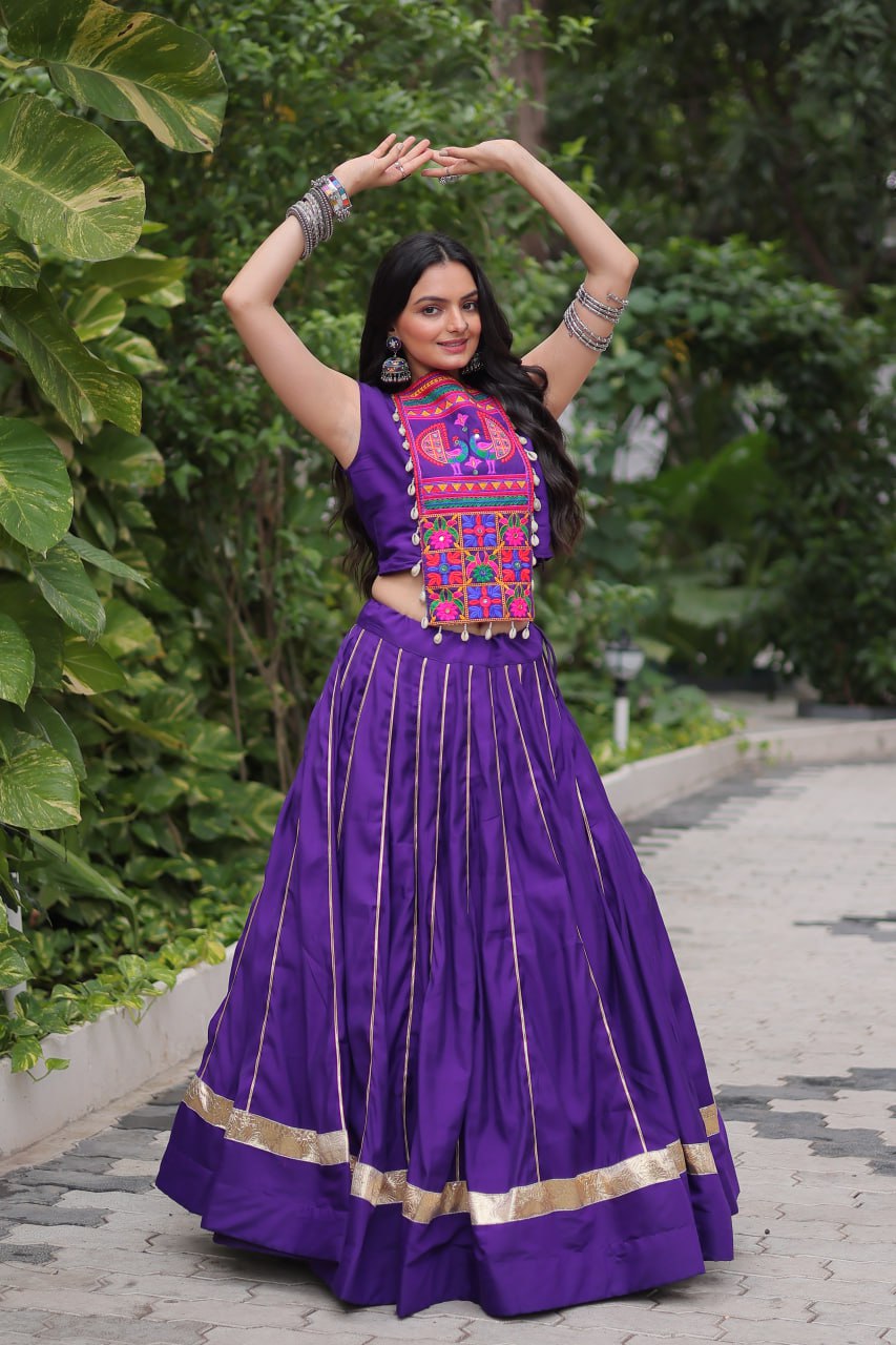 Purple Navratri Special Roman Fabric Lehenga Choli with Kutchi Gamthi & Mirror Work ClothsVilla