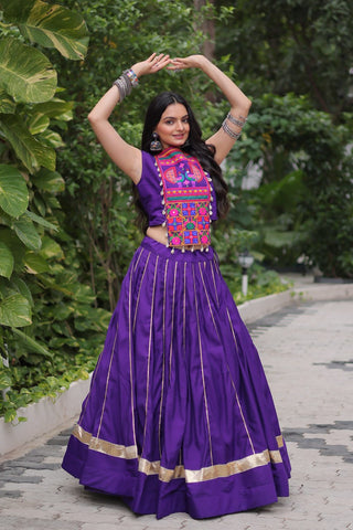 Purple Navratri Special Roman Fabric Lehenga Choli with Kutchi Gamthi & Mirror Work ClothsVilla