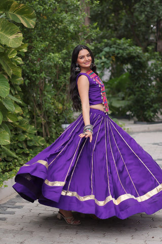 Purple Navratri Special Roman Fabric Lehenga Choli with Kutchi Gamthi & Mirror Work ClothsVilla