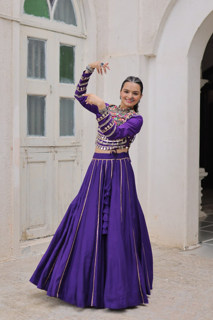 Purple Navratri Special Roman Fabric Lehenga Choli with Kutchi Gamthi & Mirror Work ClothsVilla