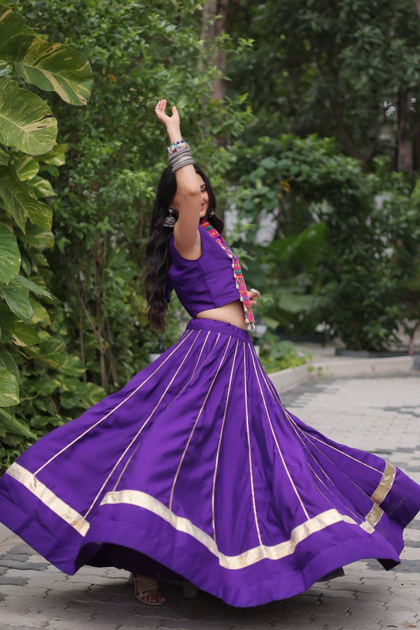 Purple Navratri Special Roman Fabric Lehenga Choli with Kutchi Gamthi & Mirror Work ClothsVilla