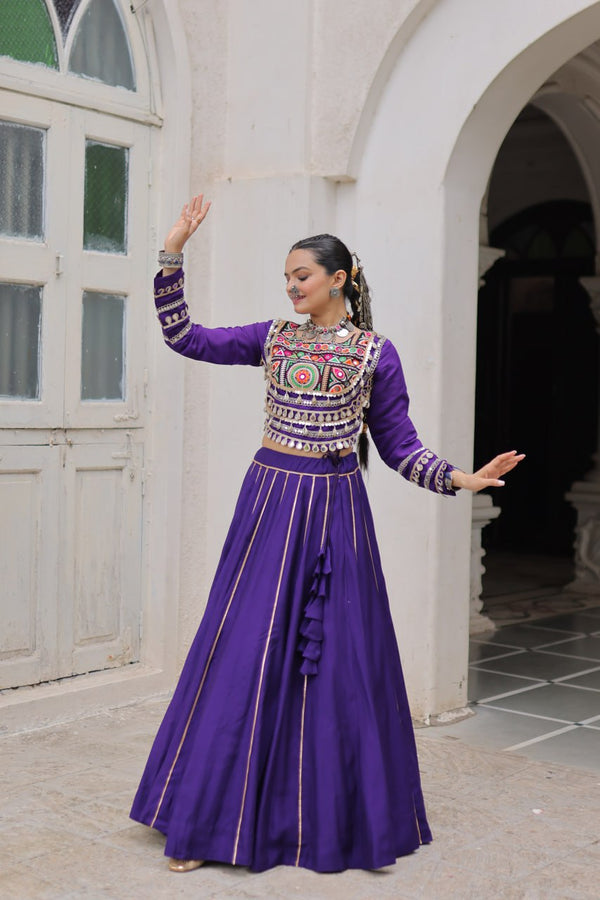 Purple Navratri Special Roman Fabric Lehenga Choli with Kutchi Gamthi & Mirror Work ClothsVilla
